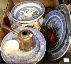A box containing a selection of blue and white china plates, glassware, etc.