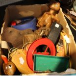 A box containing a quantity of vintage children's toys, ET, metal vehicles, a pull along duck, etc