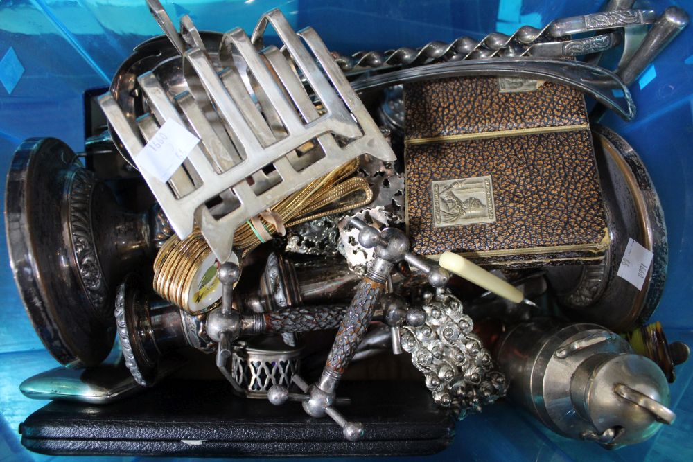 A box containing a selection of silver plated wares, to include toast racks, candlesticks, condiment