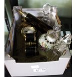 An Art Nouveau mantle clock, pair of Opera Glasses and various scent bottles