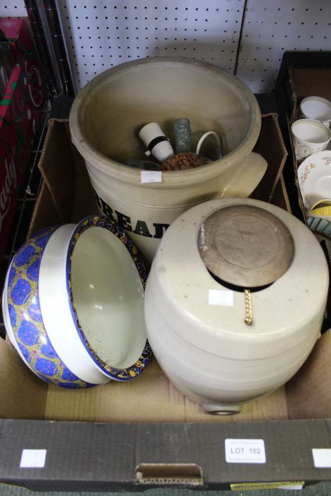 A box containing two stone ware containers, a porcelain pot etc