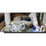 A box containing a selection of blue and white china, collectors plates etc