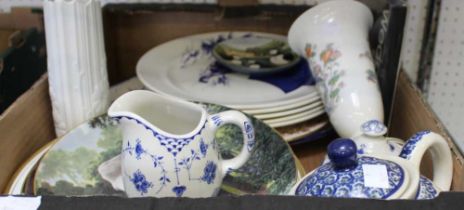 A box containing a selection of blue and white china, collectors plates etc