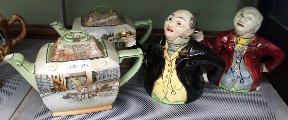 Two Royal Doulton Dickens Ware pottery teapots "Sam Weller" and "Bill Sykes" together with two teapo