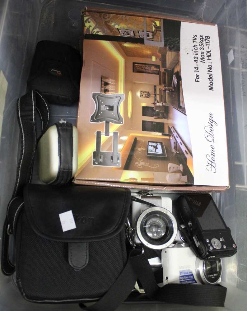 A Nikon Coolpix L810 digital camera in case, together with other cameras & TV wall-bracket
