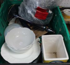 A crate containing a selection of modern home wares, bowls, plates, dishes etc