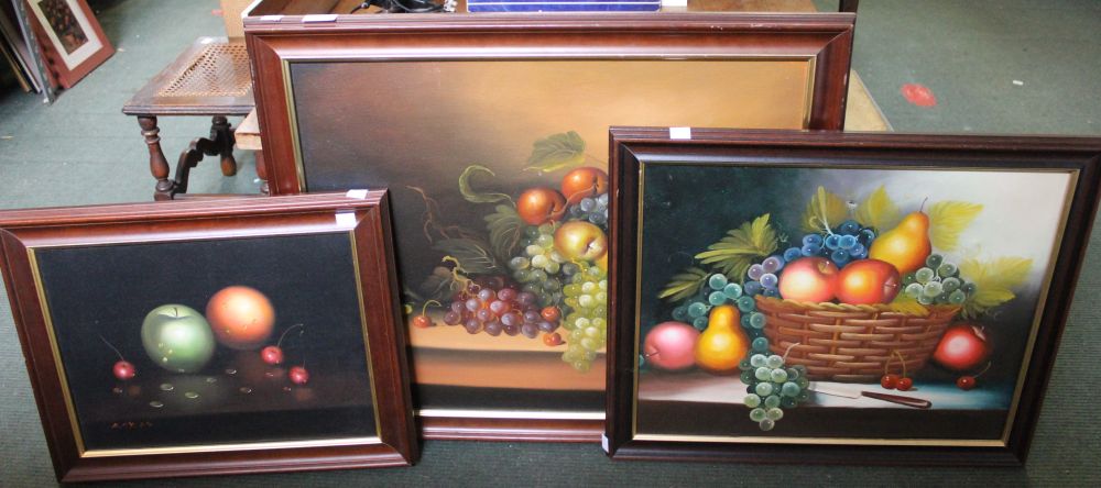 Three oil on canvas still lives of fruit (varying sizes)