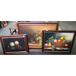 Three oil on canvas still lives of fruit (varying sizes)