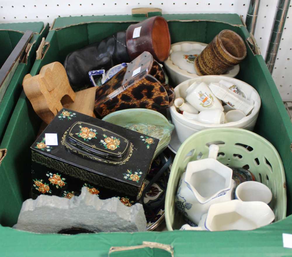 A tray containing a collection of vintage china, including Goss crested examples etc