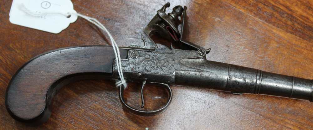 A late 18th century "Queen Anne" style flintlock pocket pistol, decoratively engraved, inscribed "Wa - Image 2 of 2