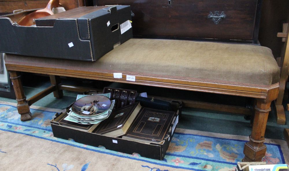 A 19th century mahogany low bench with gothic style front legs on rear block legs and rear stretcher - Image 2 of 2