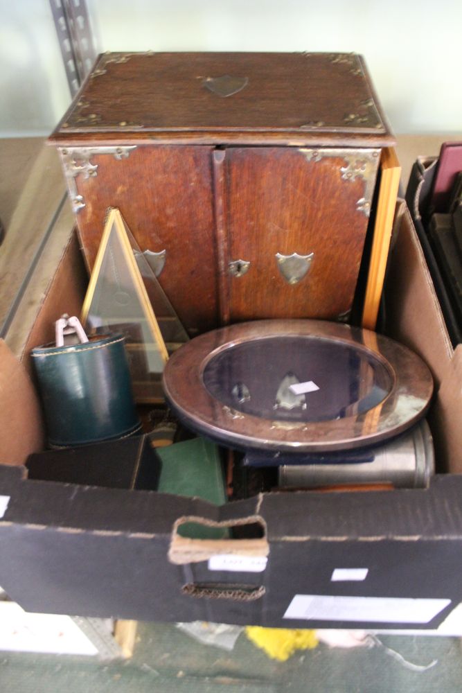 A box of various collectable items, includes photograph album, circular frame, early book etc