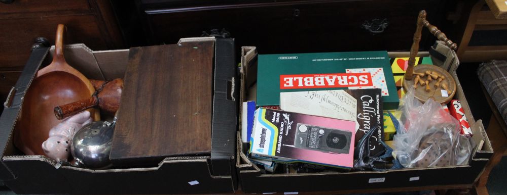 A treen bowling pin game, other games, a wooden storage box, plated teapot etc (2 tray boxes)