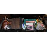 A treen bowling pin game, other games, a wooden storage box, plated teapot etc (2 tray boxes)