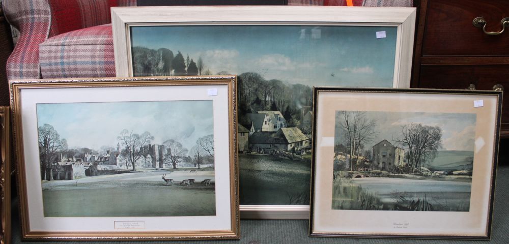 A Lloyd Loom effect linen bin and three Rowland Hilder prints, one of Knowle House plus - Image 2 of 2