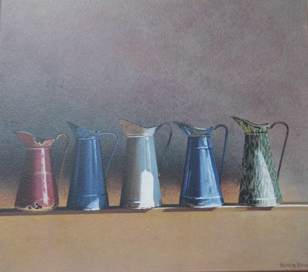 Peter Evans (1943-) "Enamel Jugs" still-life acrylic painting on MDF, signed, 32.5 cm square, framed - Image 2 of 3