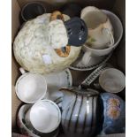 A box containing a selection of domestic china, including a sheep, Portmerion ware, etc