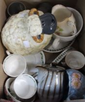 A box containing a selection of domestic china, including a sheep, Portmerion ware, etc