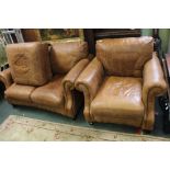 A well made brown leather two seater sofa together with an armchair & foot stool