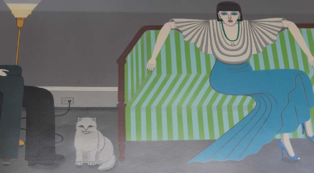 Shigeo Okumura (Oku) "Sitting" interior scene, colour print, possibly a silk screen print, signed, i - Image 2 of 3