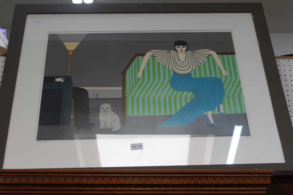Shigeo Okumura (Oku) "Sitting" interior scene, colour print, possibly a silk screen print, signed, i