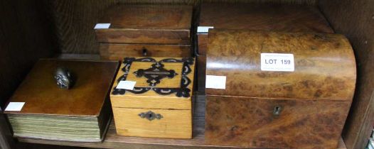 Three 19th century tea caddies, a money box and one other box (5)