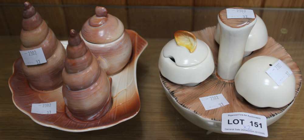 Two Carlton Ware cruet condiment sets one fashioned as sea shells the other as mushroom fungi