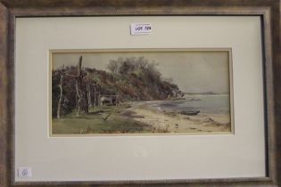 A 20th century watercolour painting "Beach scene" 15cm x 33cm, framed, mounted and glazed