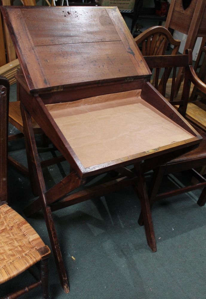 A 19th century mahogany sloping scribes desk on x-frame support with skiver inset - Image 3 of 3