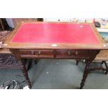 A mahogany two drawer writing desk with red skiver insert top