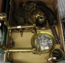 A collection of wares includes a pair of brass andirons, brass mounted bellows, reproduction flintlo
