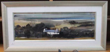 Sue Howells RBSA, SWA (1948-) "Pembroke Autumn" watercolour painting, 23cm x 68cm, framed, mounted a
