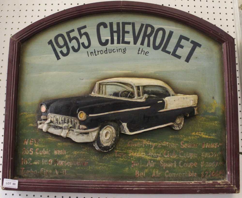 A wooden 3-D sign, 1955 Chevrolet
