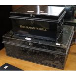 Two vintage black metal named document boxes