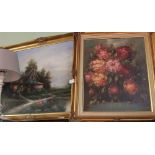 An original oil on canvas cottage scene, together with a textured print, still life of flowers