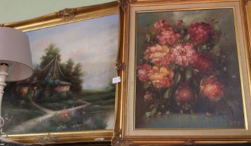 An original oil on canvas cottage scene, together with a textured print, still life of flowers