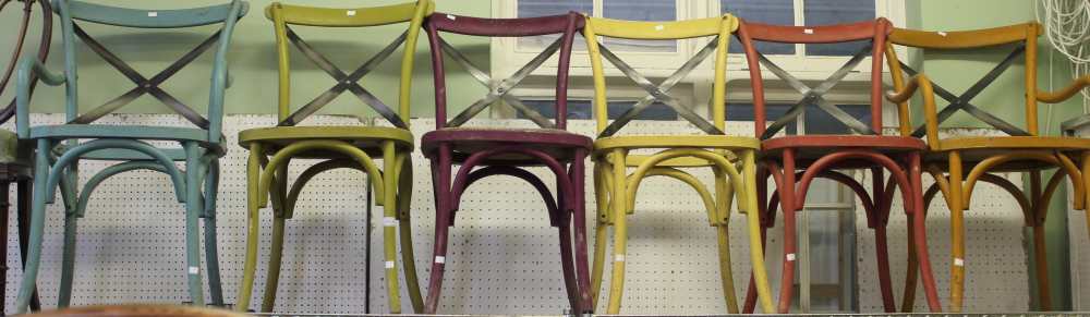 A set of six bent wood chairs painted in various colours, including two carvers for restoration