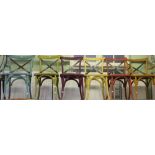 A set of six bent wood chairs painted in various colours, including two carvers for restoration