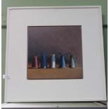 Peter Evans (1943-) "Enamel Jugs" still-life acrylic painting on MDF, signed, 32.5 cm square, framed