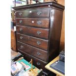 A 19th century stained mahogany chest on stand, six drawers with original drop handles
