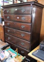 A 19th century stained mahogany chest on stand, six drawers with original drop handles