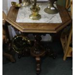 A late Victorian centre table, octagonal top marble inset, raised on barley twist stem and four shap