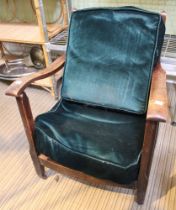 Small oak bergere backed bedroom armchair with green velour pad & back