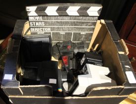 A box containing a selection of old camera & photographic equipment