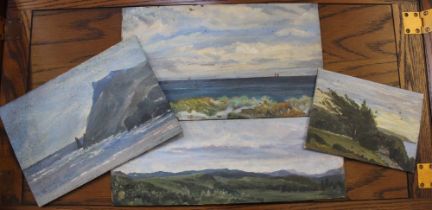 A collection of four oil paintings on board, land and sea scapes, smallest 13cm x 18cm, unframed