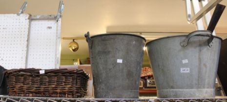 Two galvanised buckets and a wicker basket