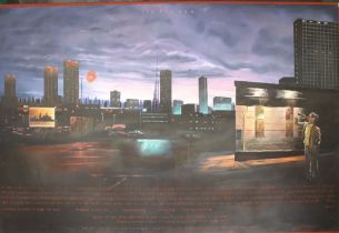 John McCann, "The Flyman" night city scene, oil painting on canvas, signed and inscribed, 101cm x 15