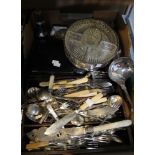 A tray box containing a good selection of cutlery, flatware, silver plate items, etc