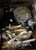 A tray box containing a good selection of cutlery, flatware, silver plate items, etc