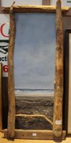 A beach scene, oil painting on board in a driftwood frame